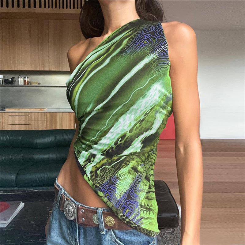 Printed Off-Shoulder Irregular Retro Vest