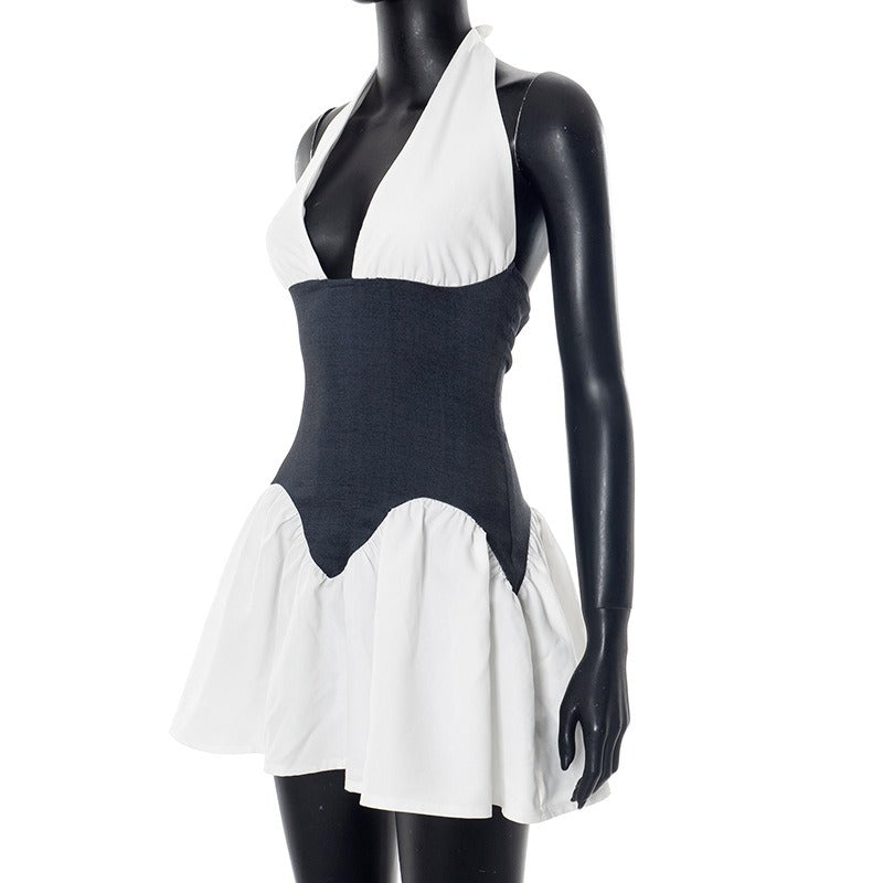 Ruffle Deep V Neck Sleeveless Mini Dresses