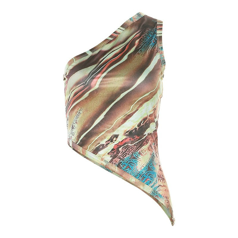 Printed Off-Shoulder Irregular Retro Vest