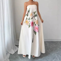 Dorothy Floral Print Strapless Satin Maxi Dress