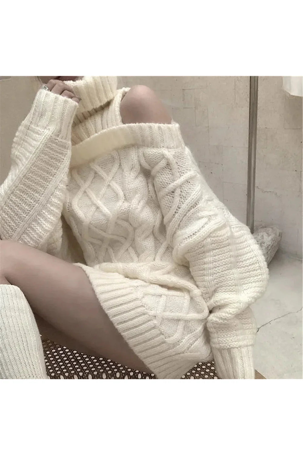 Fall Ivory Cable Knit Cold Shoulder Sweater