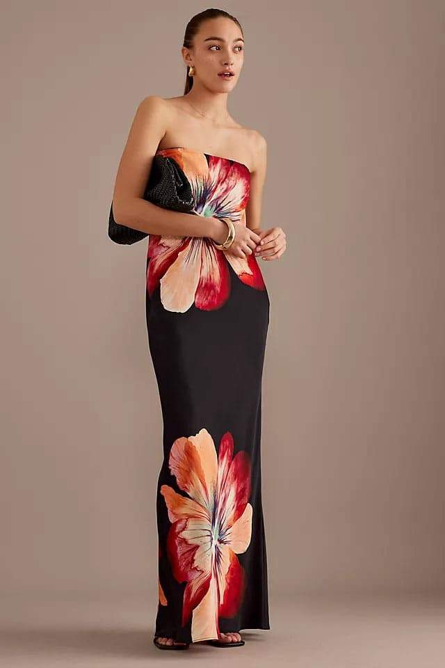 Janice Floral Printed Strapless Maxi Dress-Sunfere