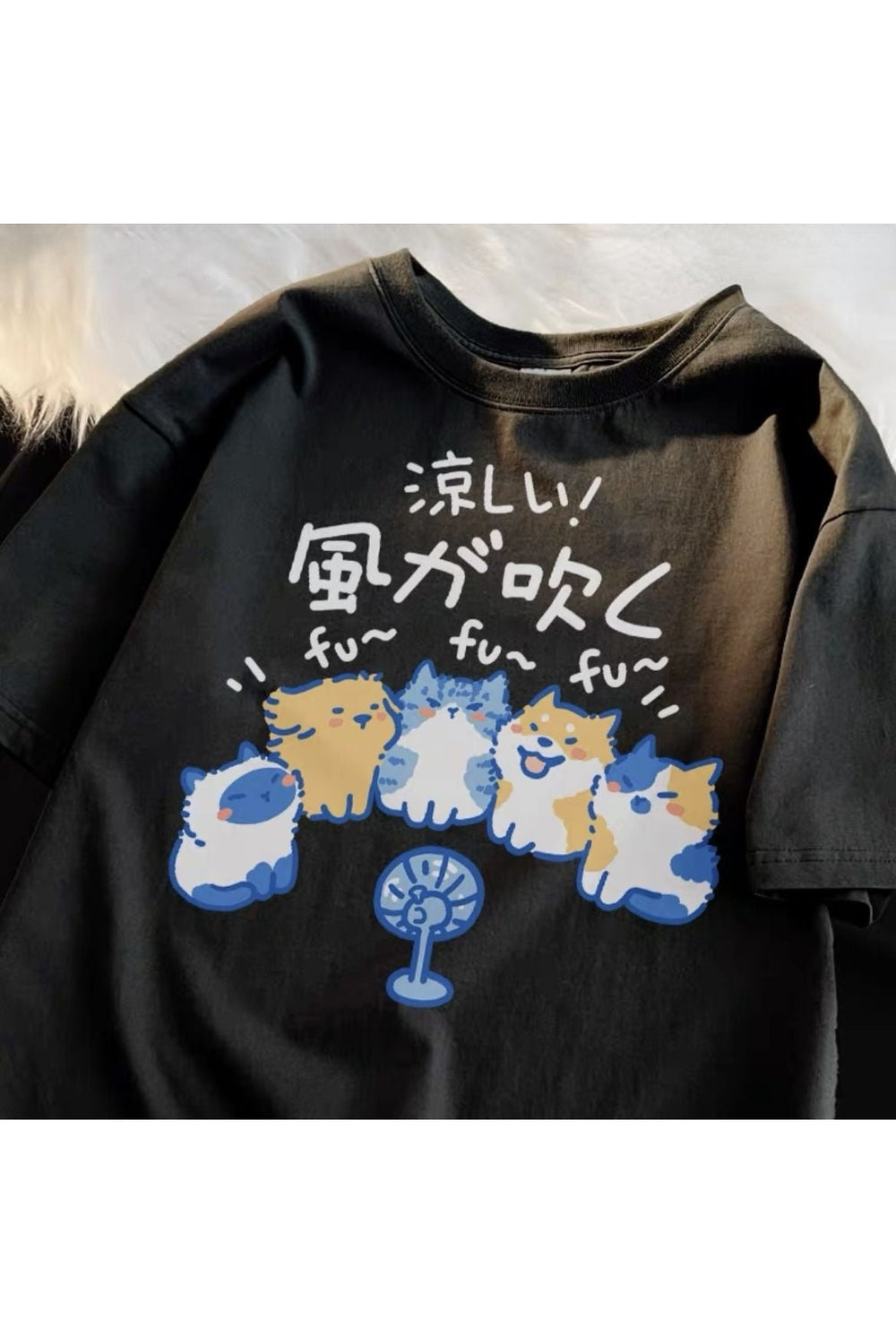 Japanese Cat & Dog Print Cotton T-Shirt