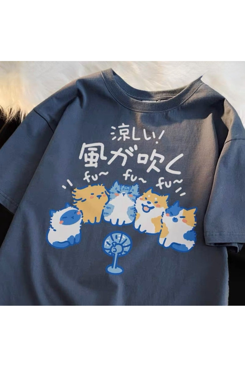 Japanese Cat & Dog Print Cotton T-Shirt