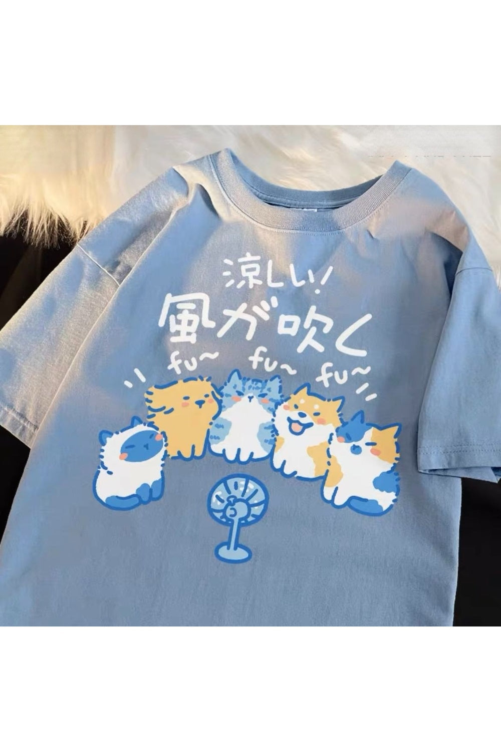 Japanese Cat & Dog Print Cotton T-Shirt