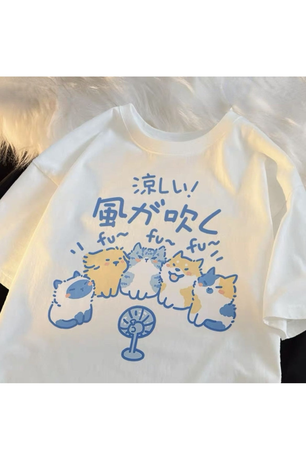 Japanese Cat & Dog Print Cotton T-Shirt