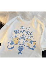 Japanese Cat & Dog Print Cotton T-Shirt