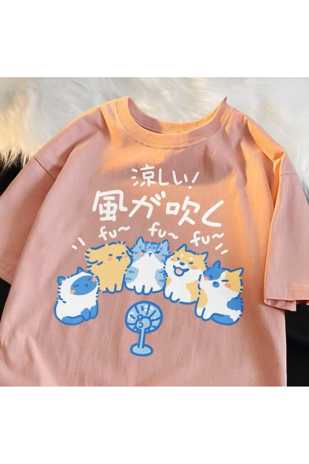 Japanese Cat & Dog Print Cotton T-Shirt