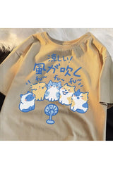 Japanese Cat & Dog Print Cotton T-Shirt