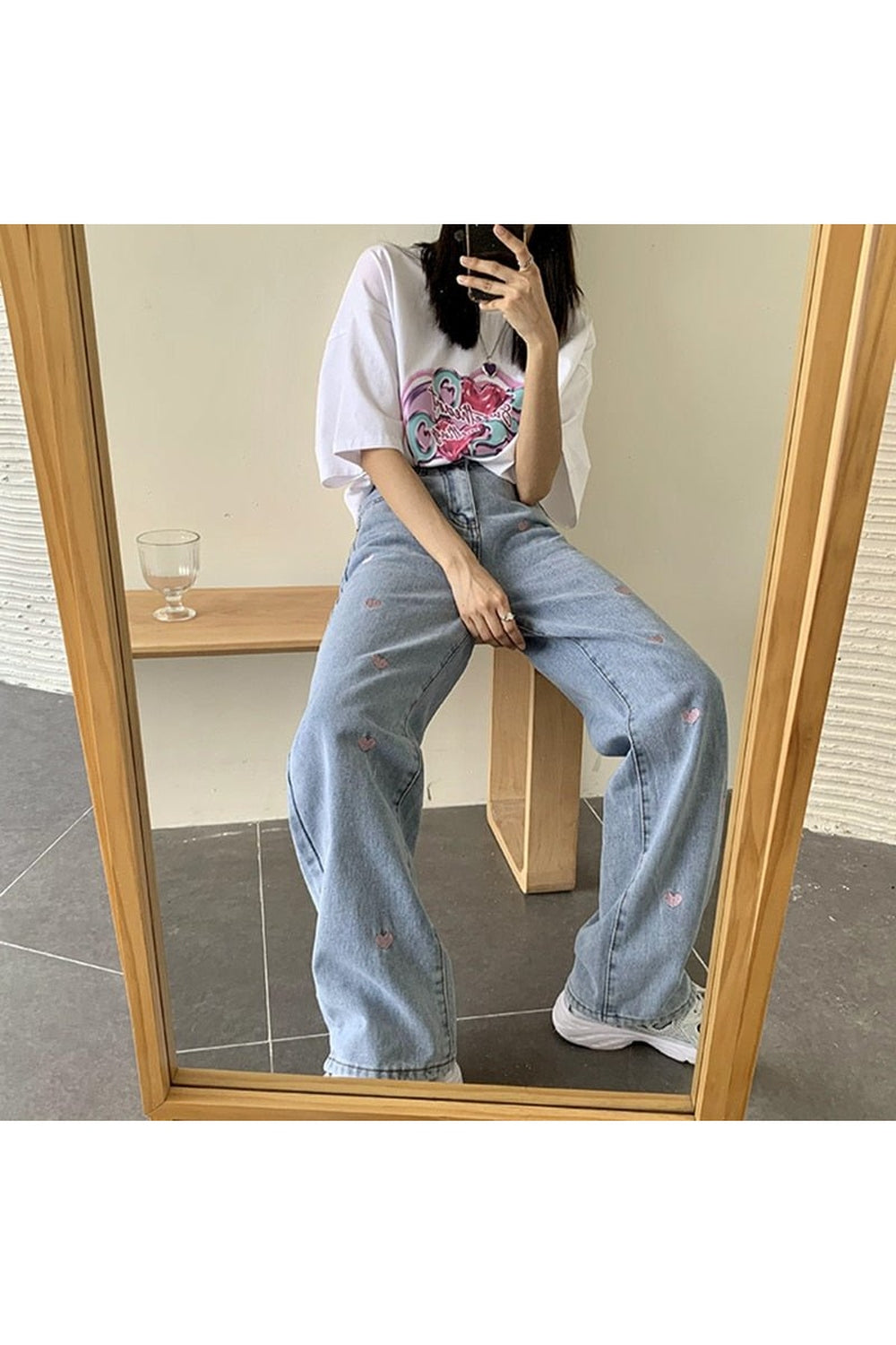 Fall Jeans Vintage Heart Shaped Embroidery