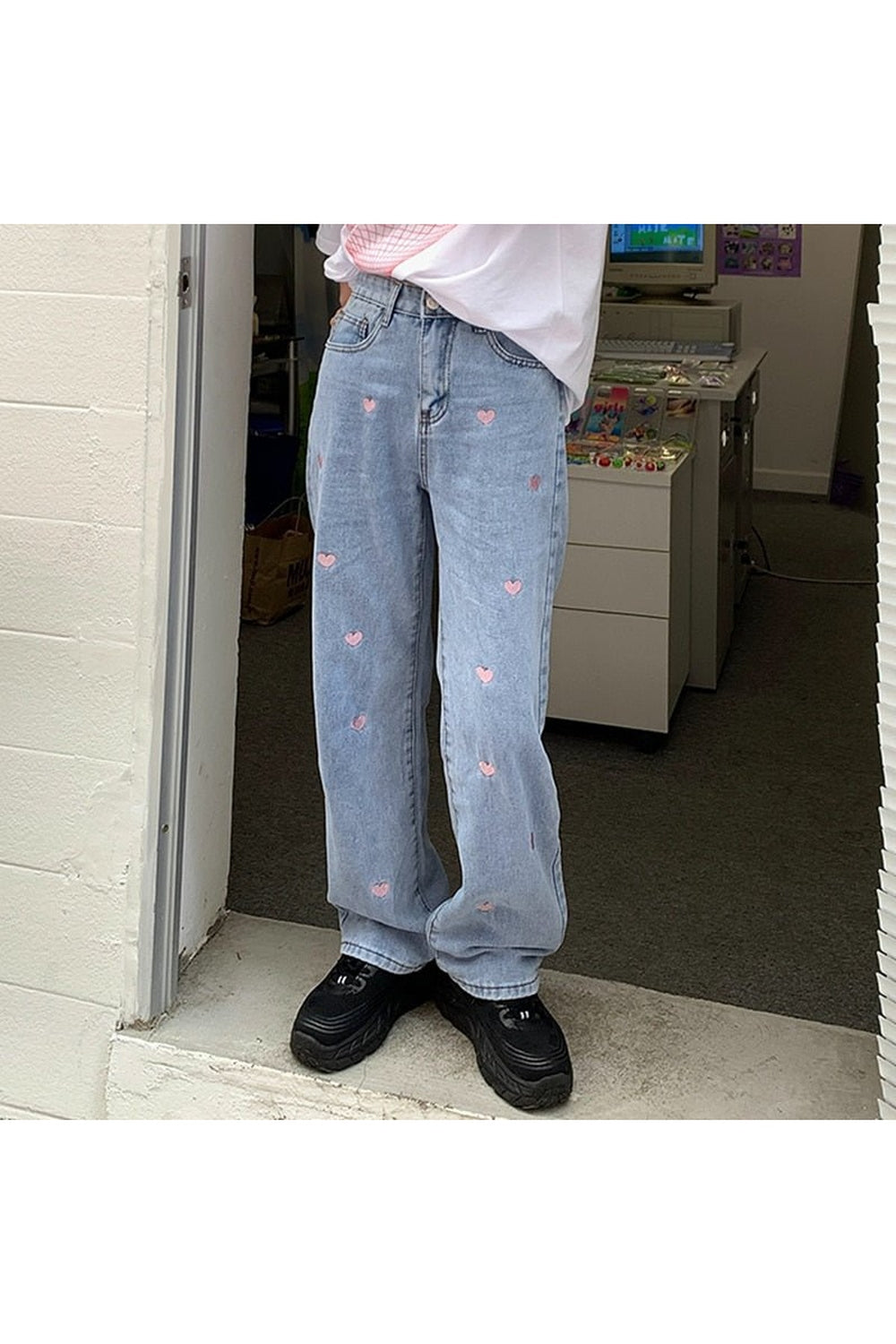 Fall Jeans Vintage Heart Shaped Embroidery