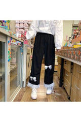 Pantalon taille haute en velours côtelé style kawaii