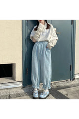 Pantalon taille haute en velours côtelé style kawaii