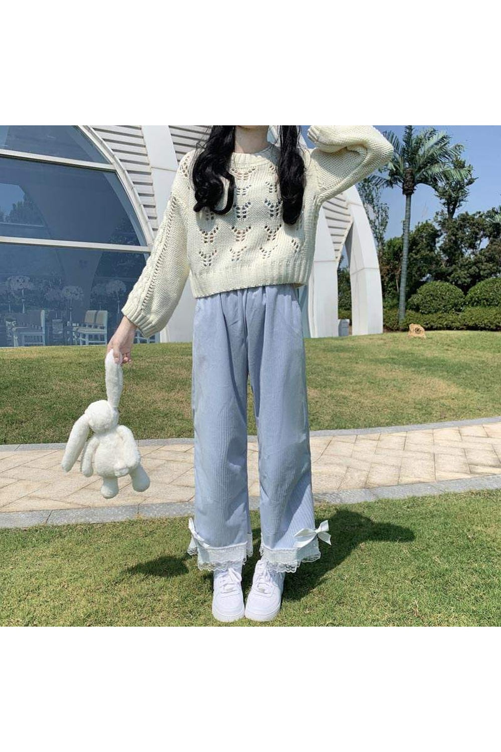Pantalon taille haute en velours côtelé style kawaii