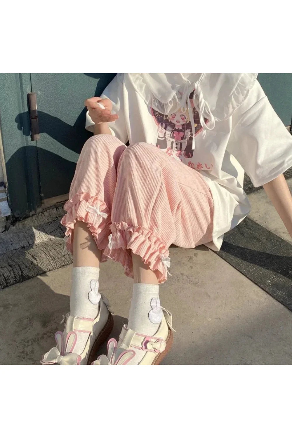 Pantalon taille haute en velours côtelé style kawaii