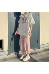 Pantalon taille haute en velours côtelé style kawaii