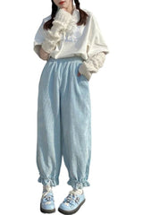 Pantalon taille haute en velours côtelé style kawaii
