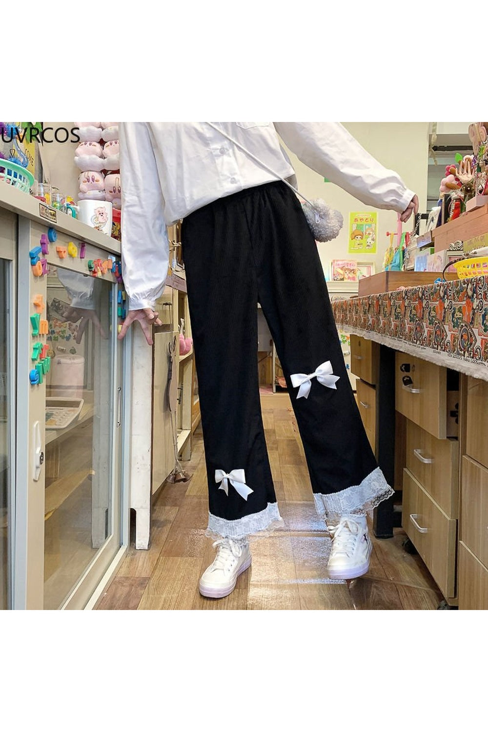 Pantalon taille haute en velours côtelé style kawaii