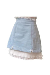 Kawaii Lace Patchwork Denim Skirt