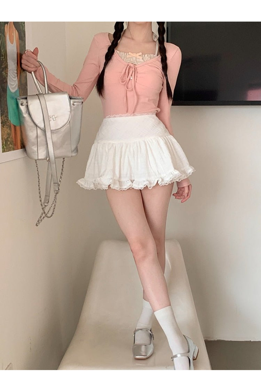 Mini-jupe à volants en dentelle blanche kawaii