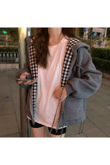 Fall Korean Check jacket with zip hood