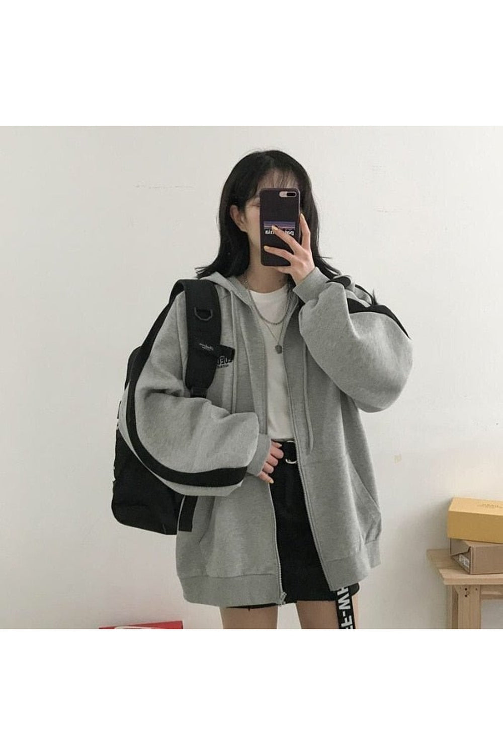 Korean Gray zip long sleeve sweatshirt