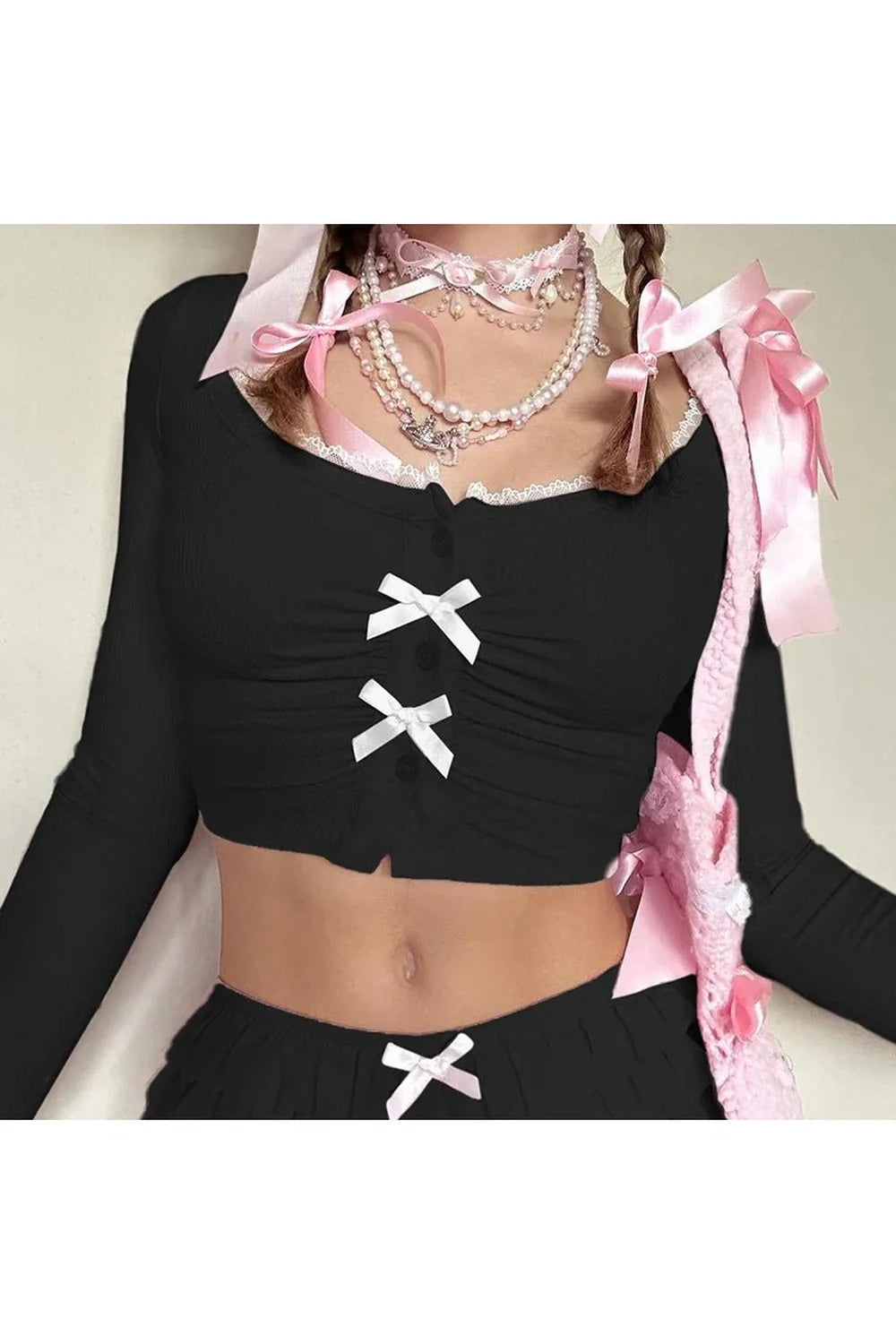 Lace-Trim Bow Tie Crop Cardigan