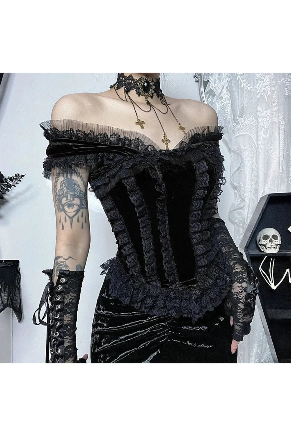 Lace Trim Off Shoulder Goth Corset Top