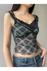 Lace-Trim Plaid Mesh Top