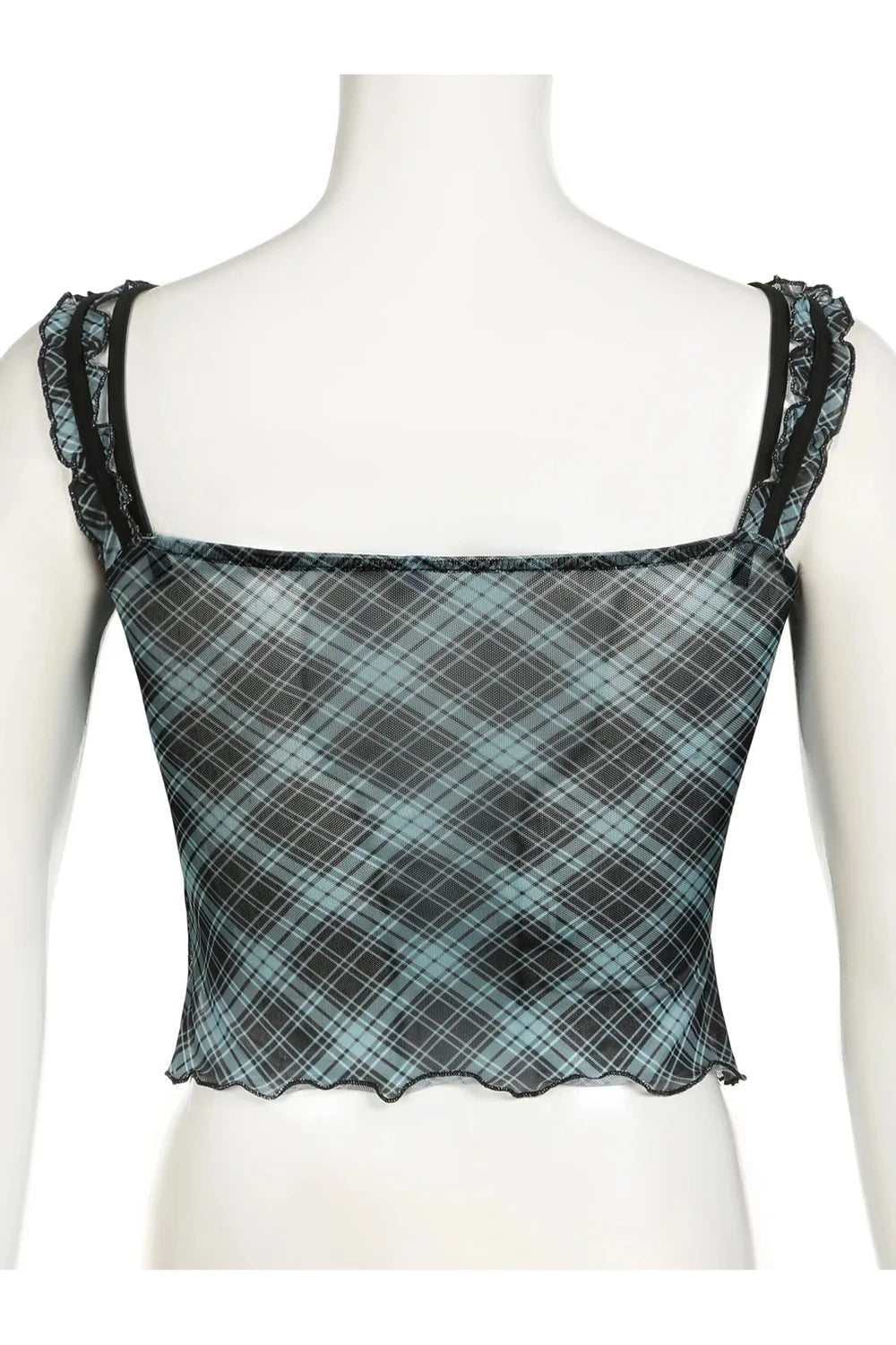 Lace-Trim Plaid Mesh Top