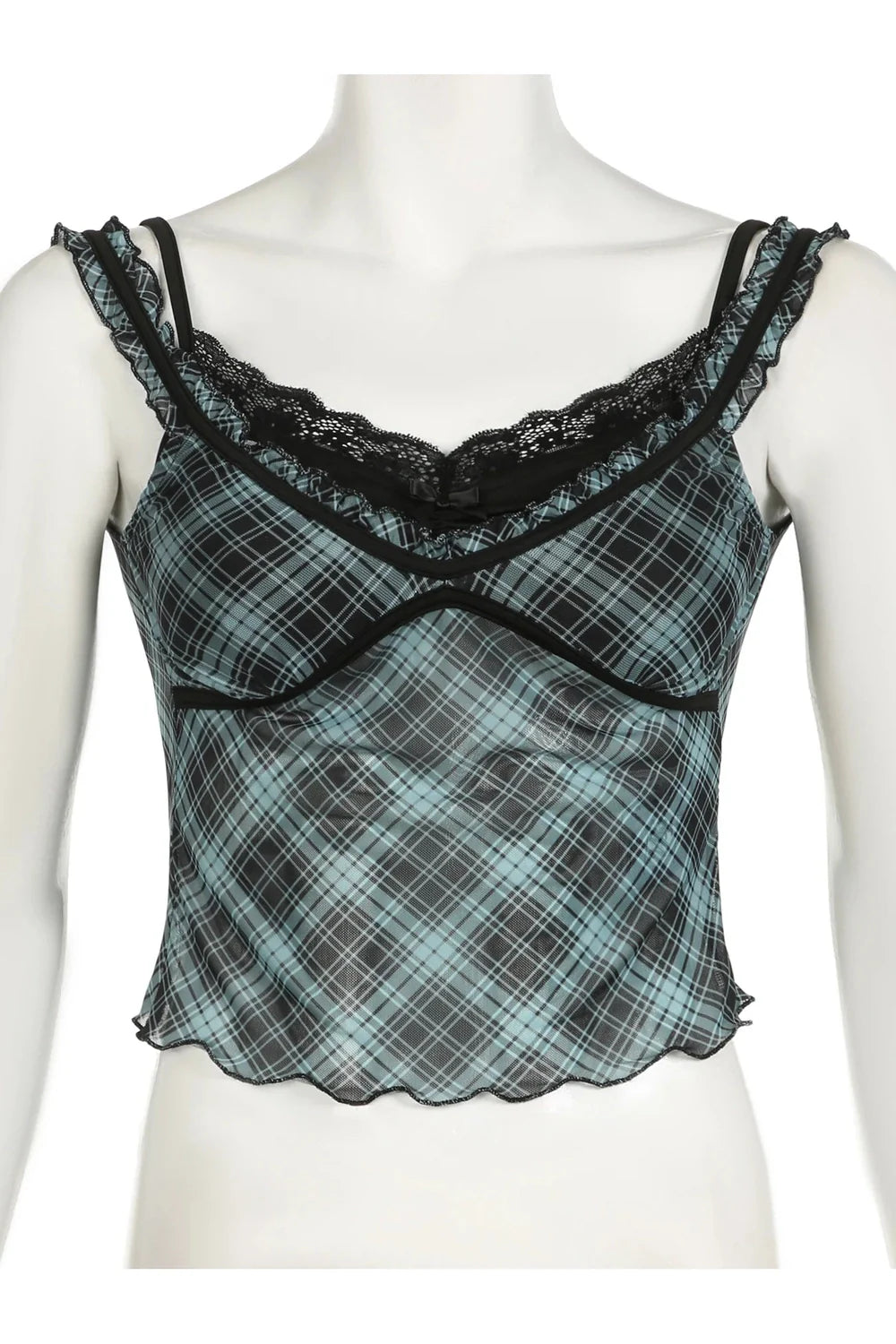 Lace-Trim Plaid Mesh Top