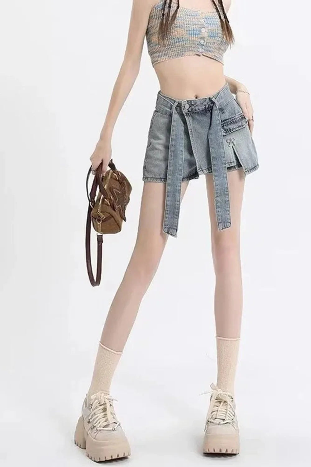 Jupe en jean bleu à lacets