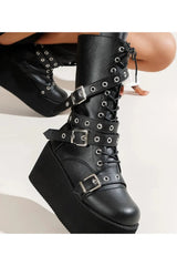 Lace Up Buckle Wedge Boots