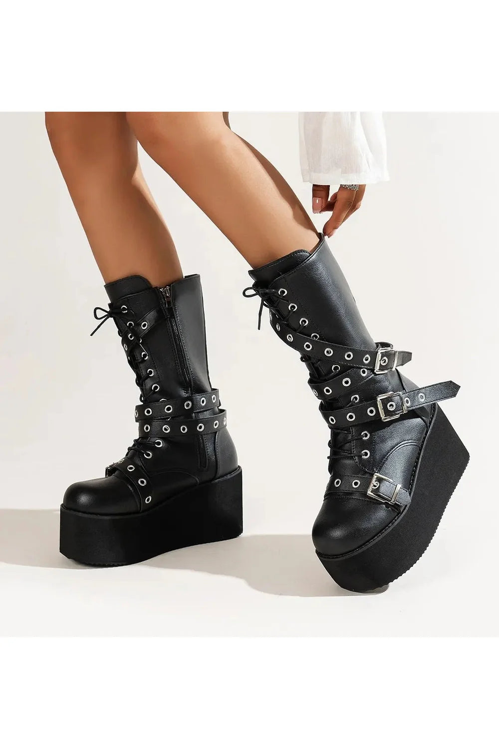 Lace Up Buckle Wedge Boots