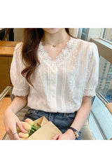 Lace V-Neck White Blouse