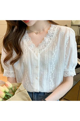 Lace V-Neck White Blouse