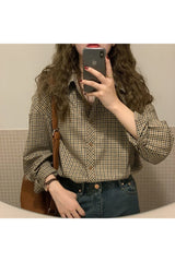 Light Academia Brown Plaid Vintage Shirt