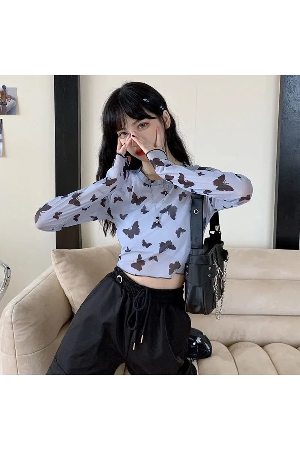 Long Sleeve Butterfly Mesh Crop Top