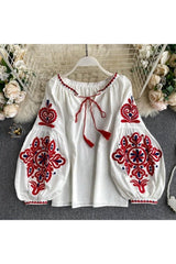 National Style Embroidered Lace-Up Blouse