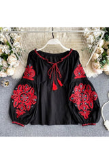 National Style Embroidered Lace-Up Blouse