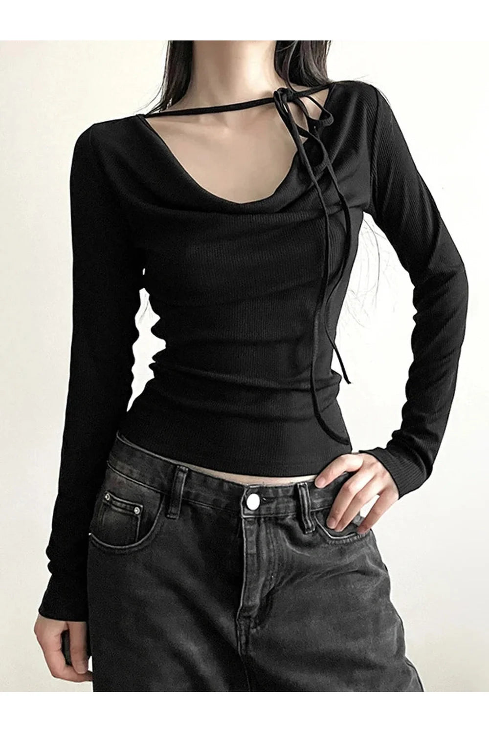 Noir Elegance Lace-Up Top