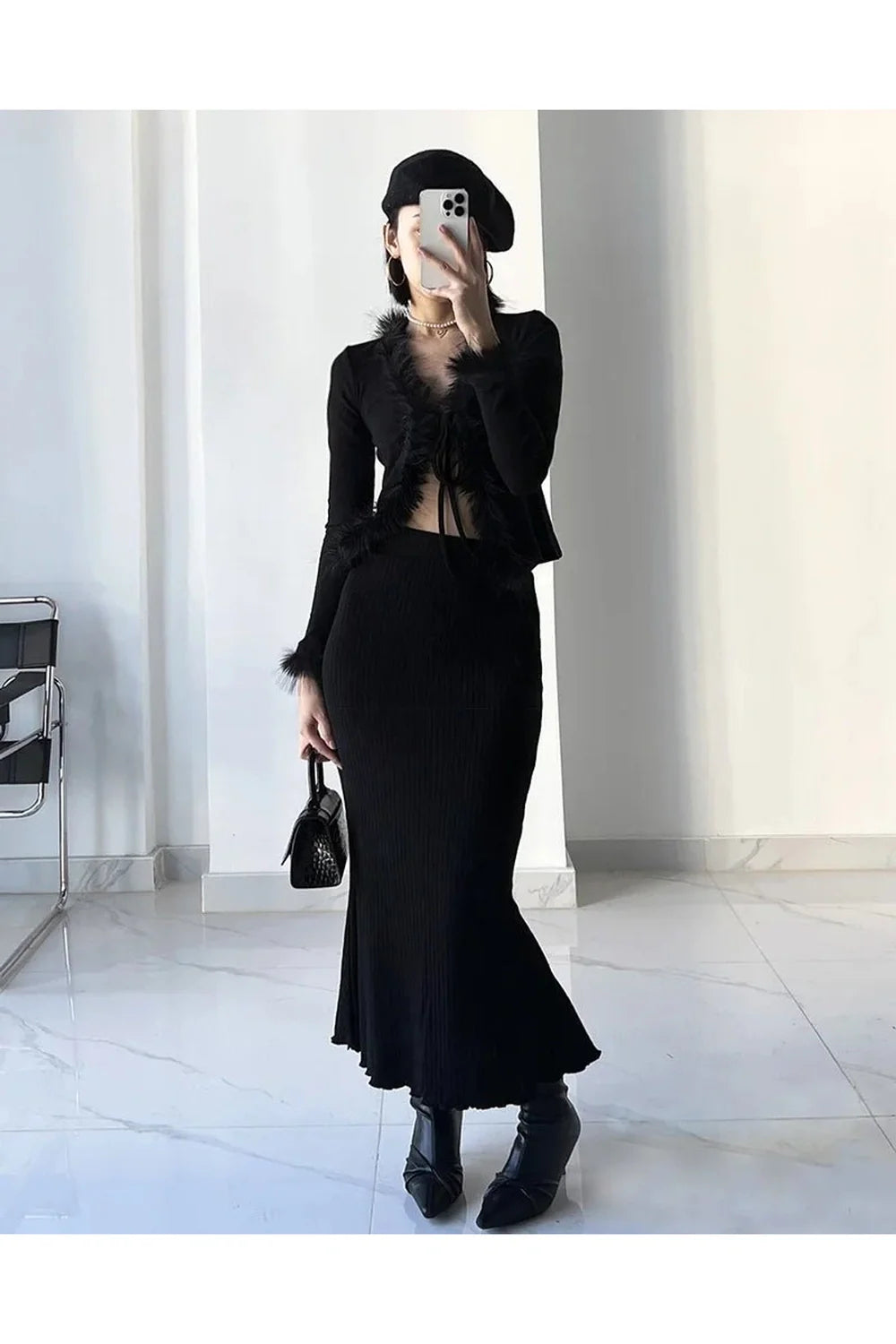 Noir Feather Trim Allure Top