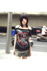 Off-Shoulder Skull Graffiti T-Shirt