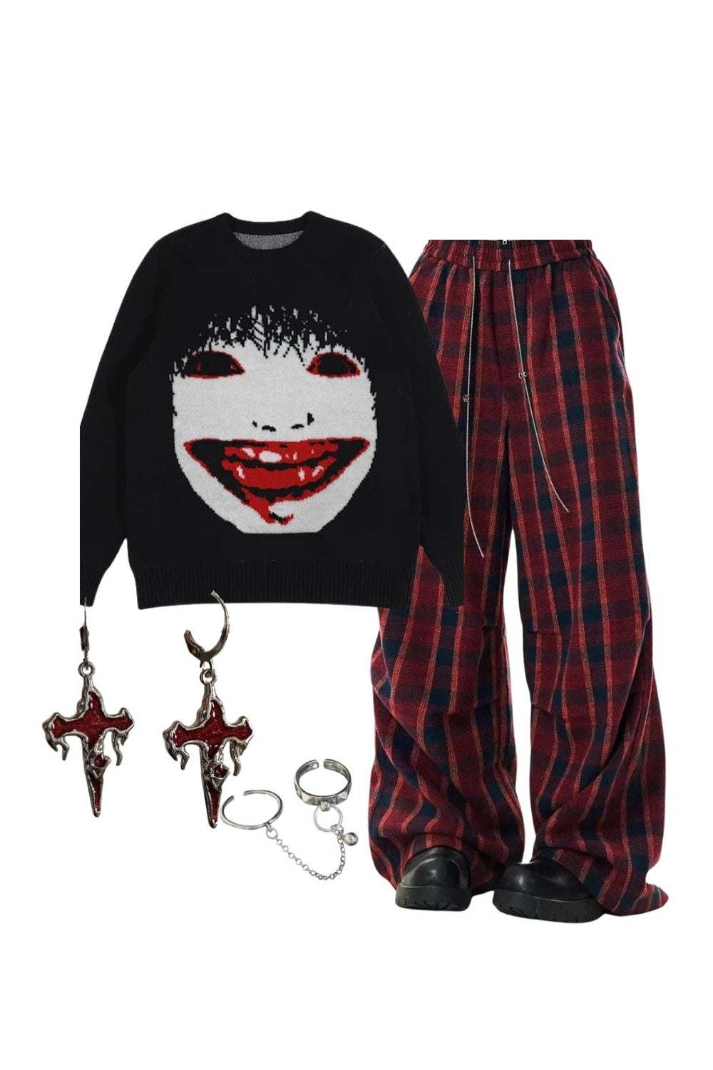 Outfit: Creepy Smile Knit Sweater+Classic Plaid Baggy Lounge Pants+Accessories