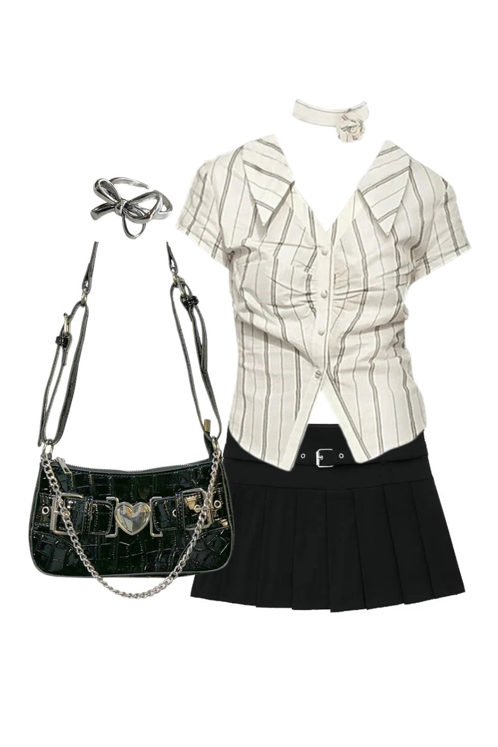 Outfit: Elegant Stripe Office Blouse+Autumn Chic Short Zipper Skirt+Chain Crossbody Underarm Bag+Ring