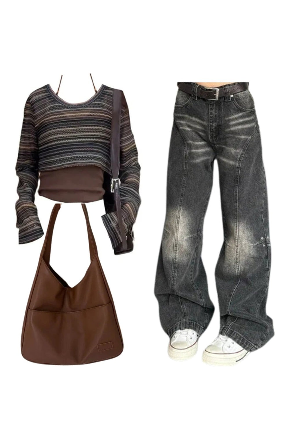 Outfit: Layered Boho Knit Crop Top+Washed Black Wide-Leg Jeans+Large Casual Leather Handbagbo