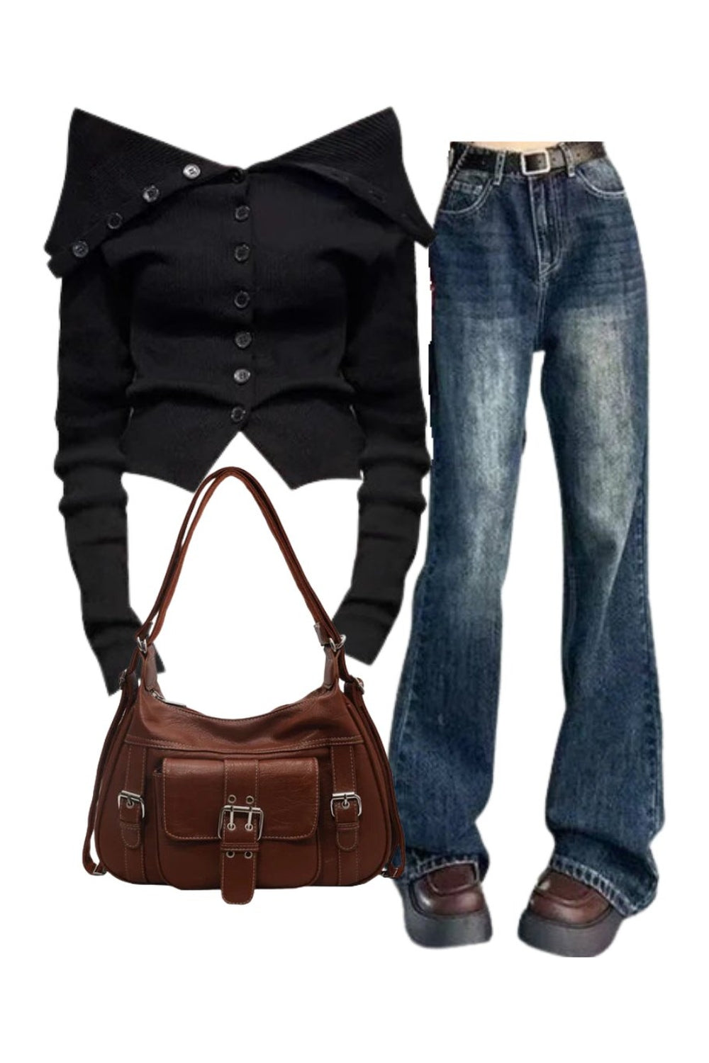 Outfit: Noir Off-Shoulder Button-Up Cardigan+Vintage Wash Flare Jeans+Vintage Buckled Satchel Bag