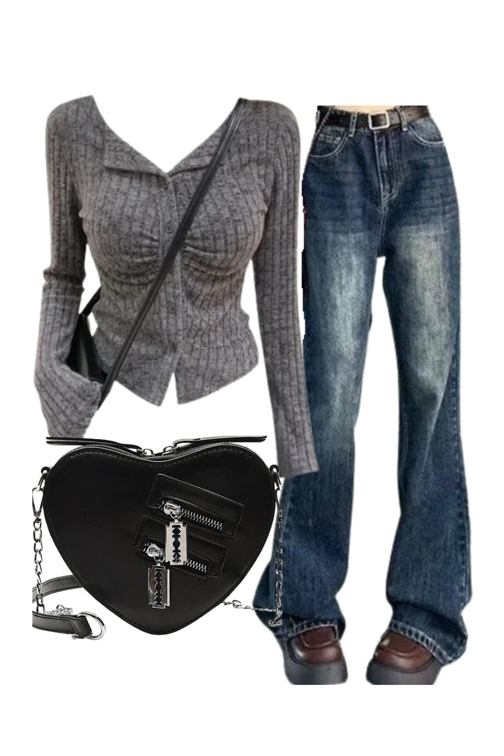 Y2k-Outfit: Gerippte Strickjacke mit Rüschen und Knöpfen + Schlagjeans in Vintage-Waschung + Punk-Tasche mit Herzklinge und Reißverschlusskette +