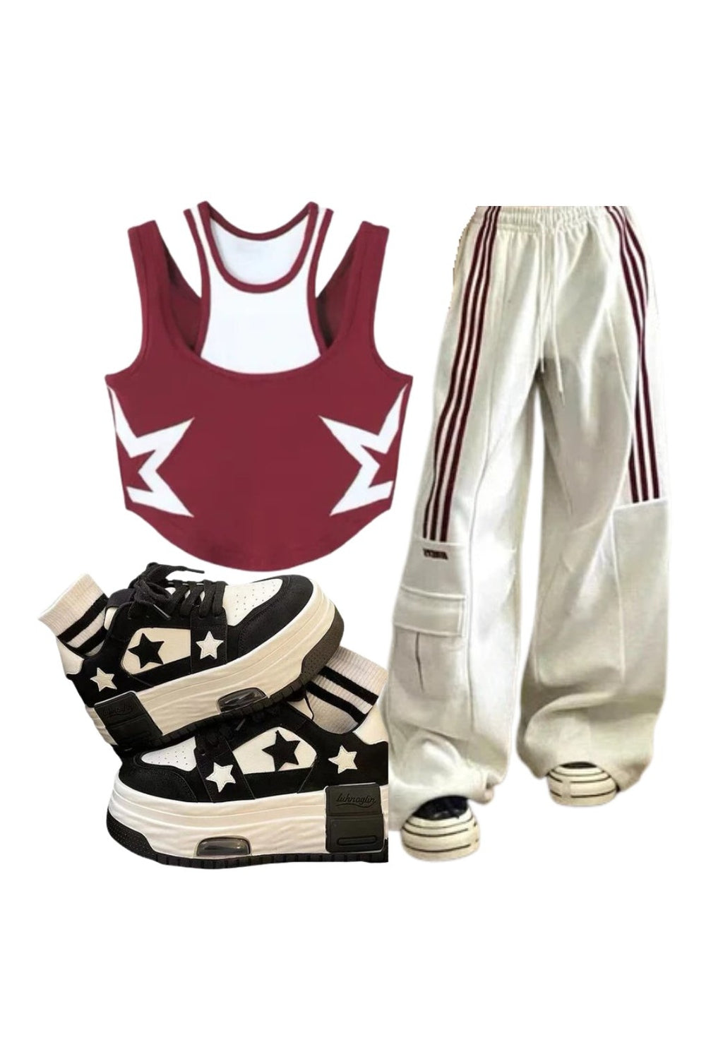 Y2k Outfit: Striped Cargo Spring Pants+Starstruck Racerback Crop Top+Acubi Star Skateboard Y2k Shoes