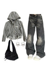 Y2k Outfit: Striped Cozy Zip-Up Hoodie+Washed Black Wide-Leg Jeans+Fashionable Black Nylon Bucket Handbag+Earrings